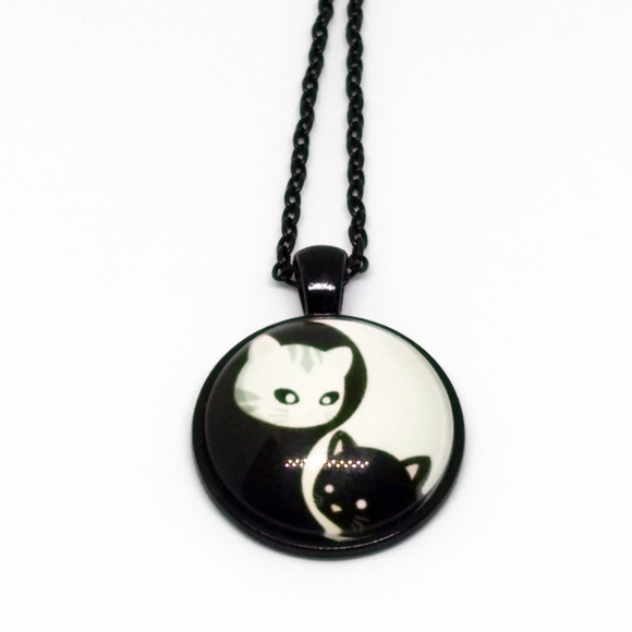 Jewelry - YIN-YANG CATS NECKLACE - Zen Kitty Cabochon Peace Jewelry - YIN-YANG CATS NECKLACE - Zen Kitty Cabochon Peace